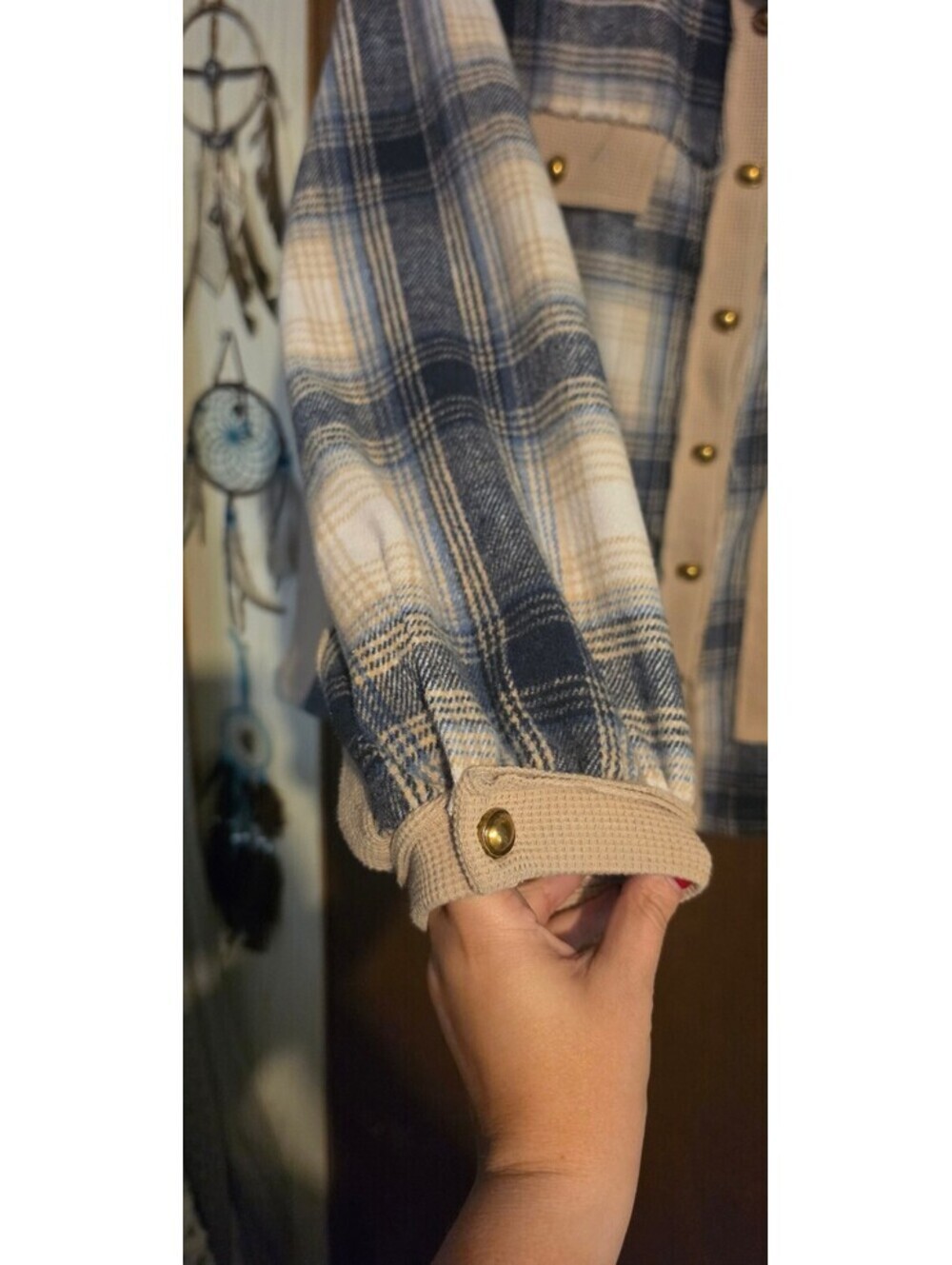 POJ Large Blue and Beige Plaid Button-Up Shirt Jacket - Picture 2 of 5